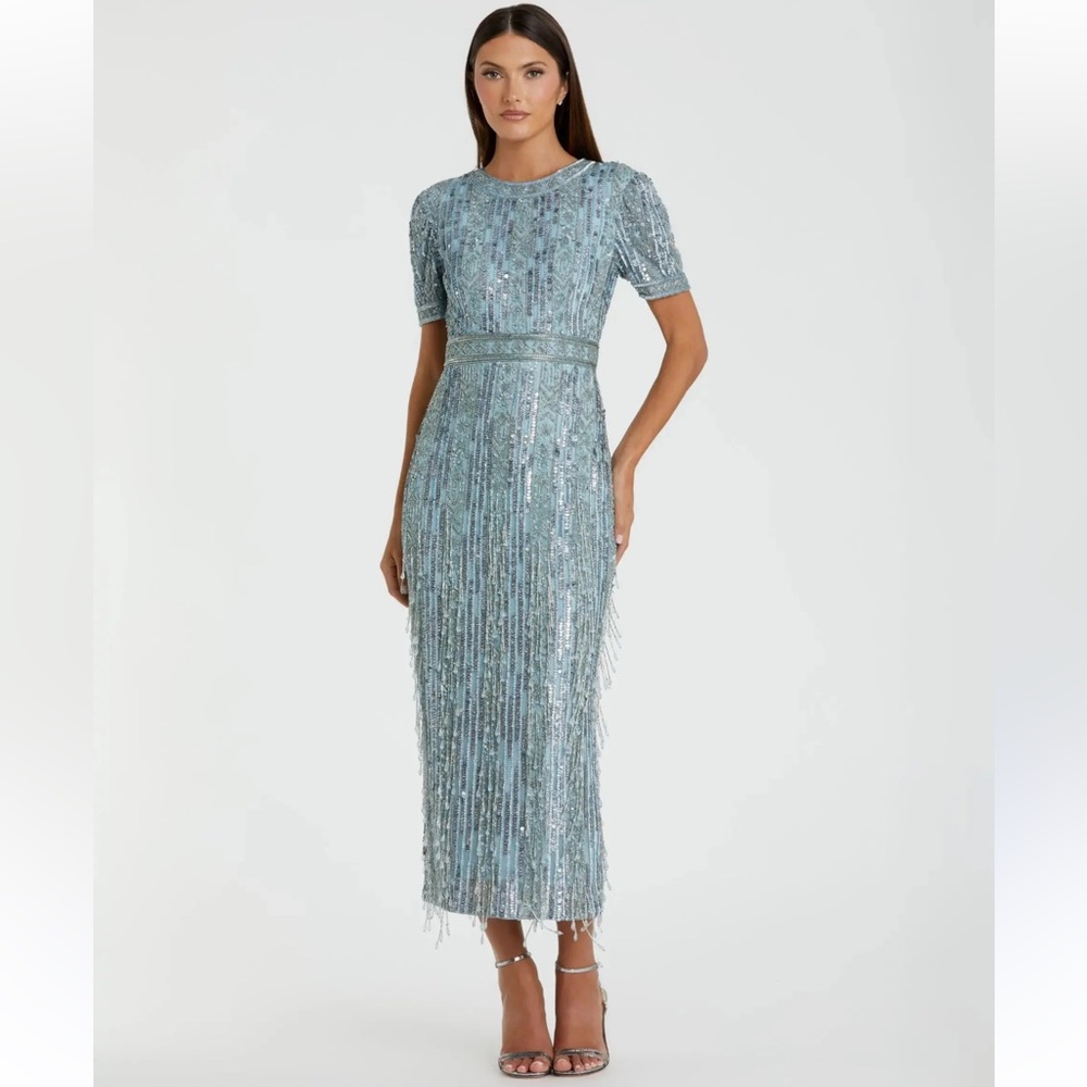 MAC DUGGAL 5980 HIGH NECK SHORT SLEEVE CRYSTAL FRINGE FRENCH BLUE MIDI DRESS 6